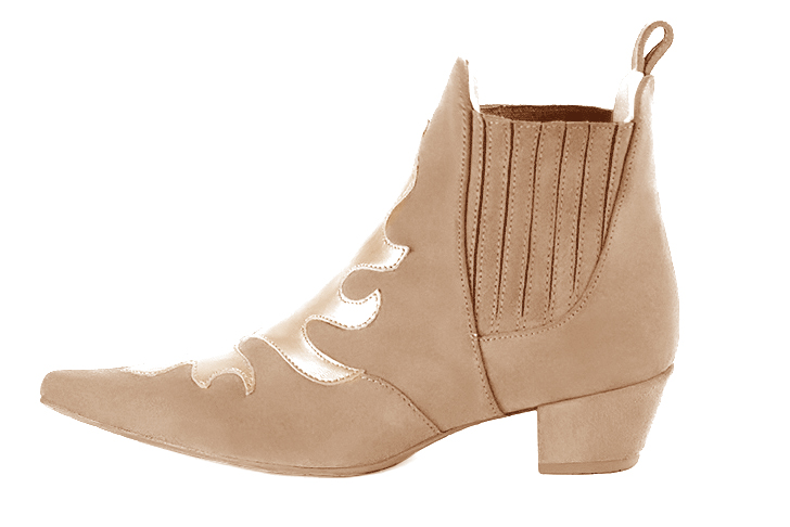 Tan beige and gold women's ankle boots, with elastics. Pointed toe. Low cone heels. Profile view - Florence KOOIJMAN